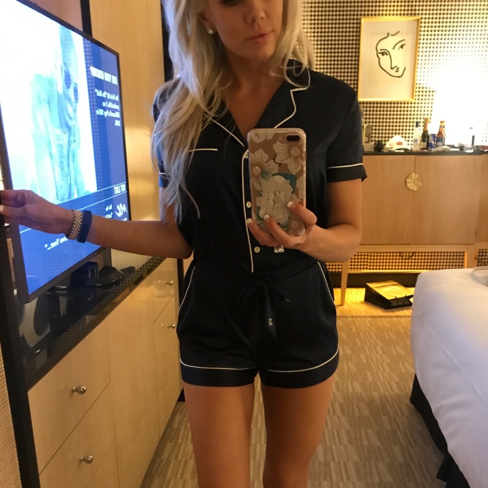 Victoria’s Secret navy blue white piping satin romper pajamas